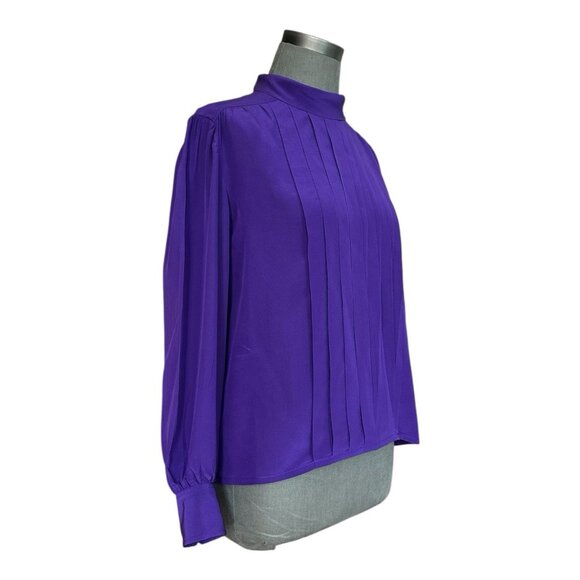 CELINE Paris Purple Silk Mock Neck Button Back Blouse Women's Top EU 46 US L - Picture 4 of 6